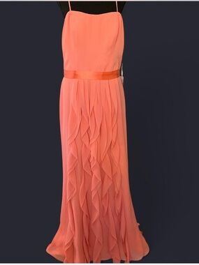 Wtoo Coral evening gown with ruffle skirt and satin ribbon belt.